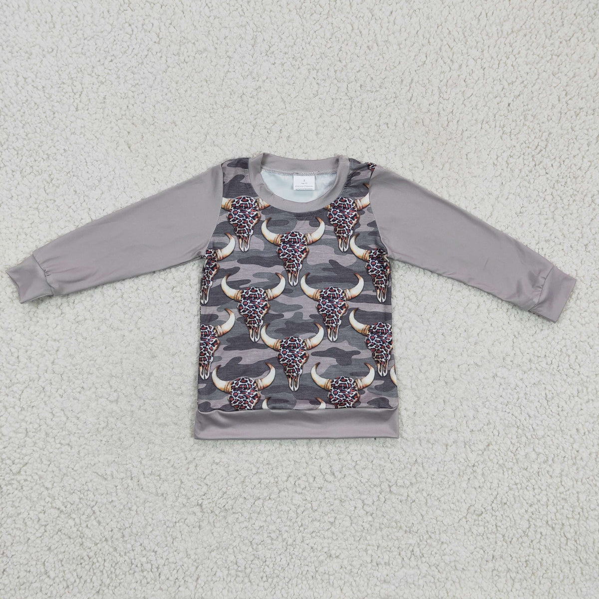BT0108 Leopard Cow Skull Grey Camo Print Kids Tee Shirts Top