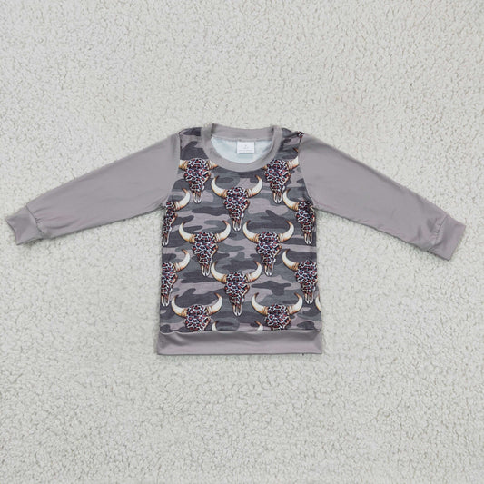 BT0108 Leopard Cow Skull Grey Camo Print Kids Tee Shirts Top
