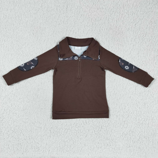 BT0115 Highland Cow Aztec Brown Print Boys Long Sleeve Zipper Pullover Top