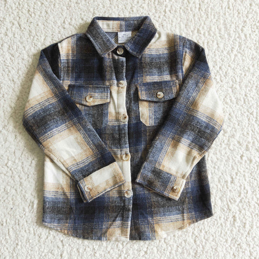 BT0117 Navy Checkered Print Boys Fall Cotton Pockets Tee Shirts Top