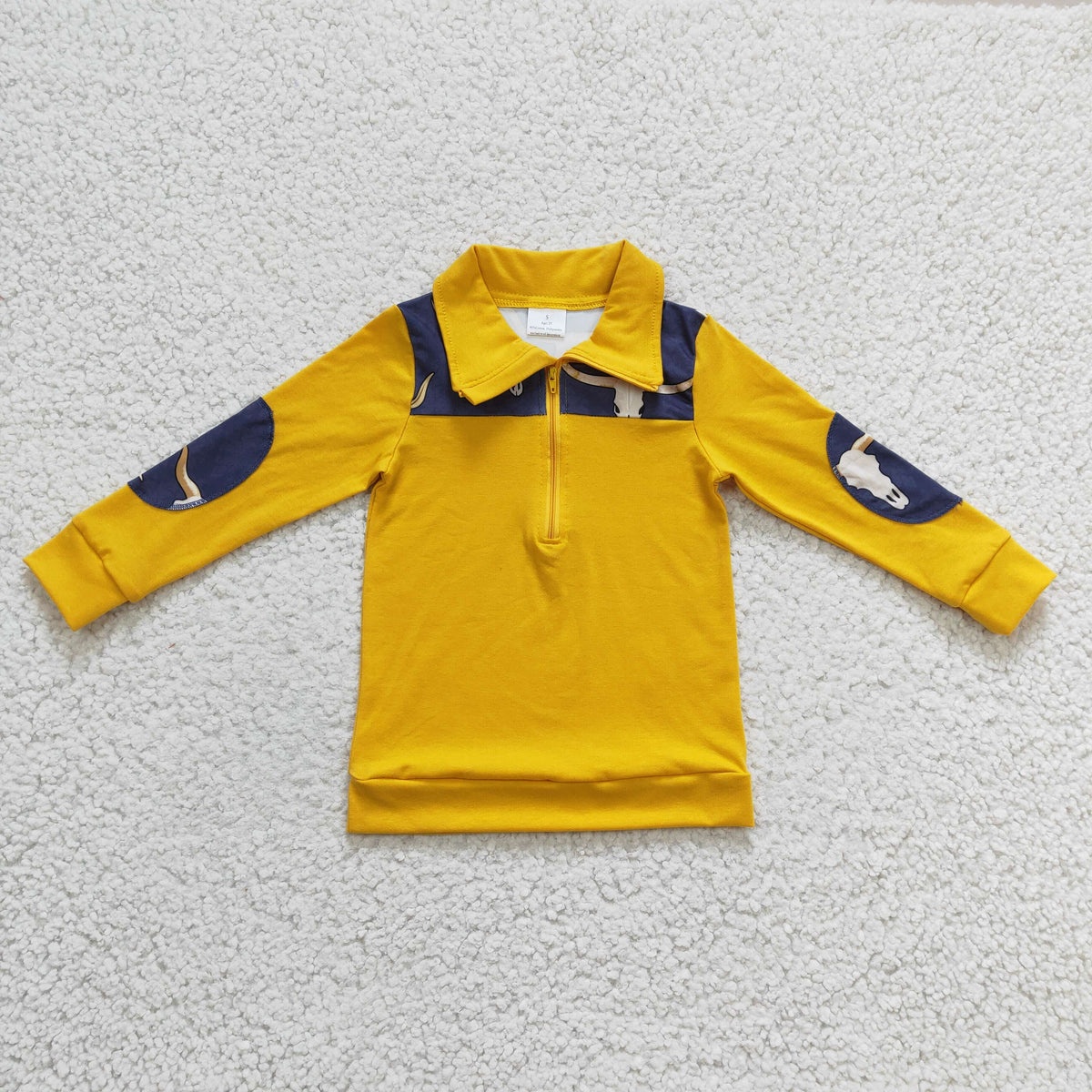 BT0124 Cow Skull Yellow Print Boys Long Sleeve Zipper Pullover Top