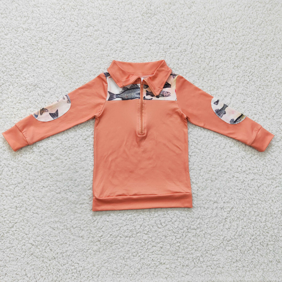 BT0128 Fish Peach Orange Print Boys Long Sleeve Zipper Pullover Top