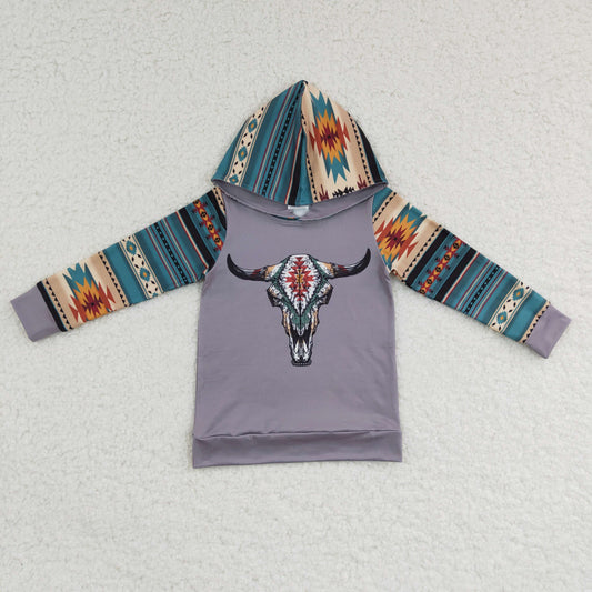 BT0130 Cow Skull Aztec Print Boys Long Sleeve Hoodie Top