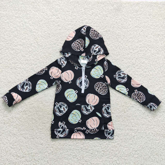 BT0306 Pumpkin Print Girls Fall Hoodie Zipper Hoodie Top