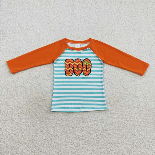 BT0312 BOO Embroidery Stripes Print Kids Halloween Tee Shirts Top