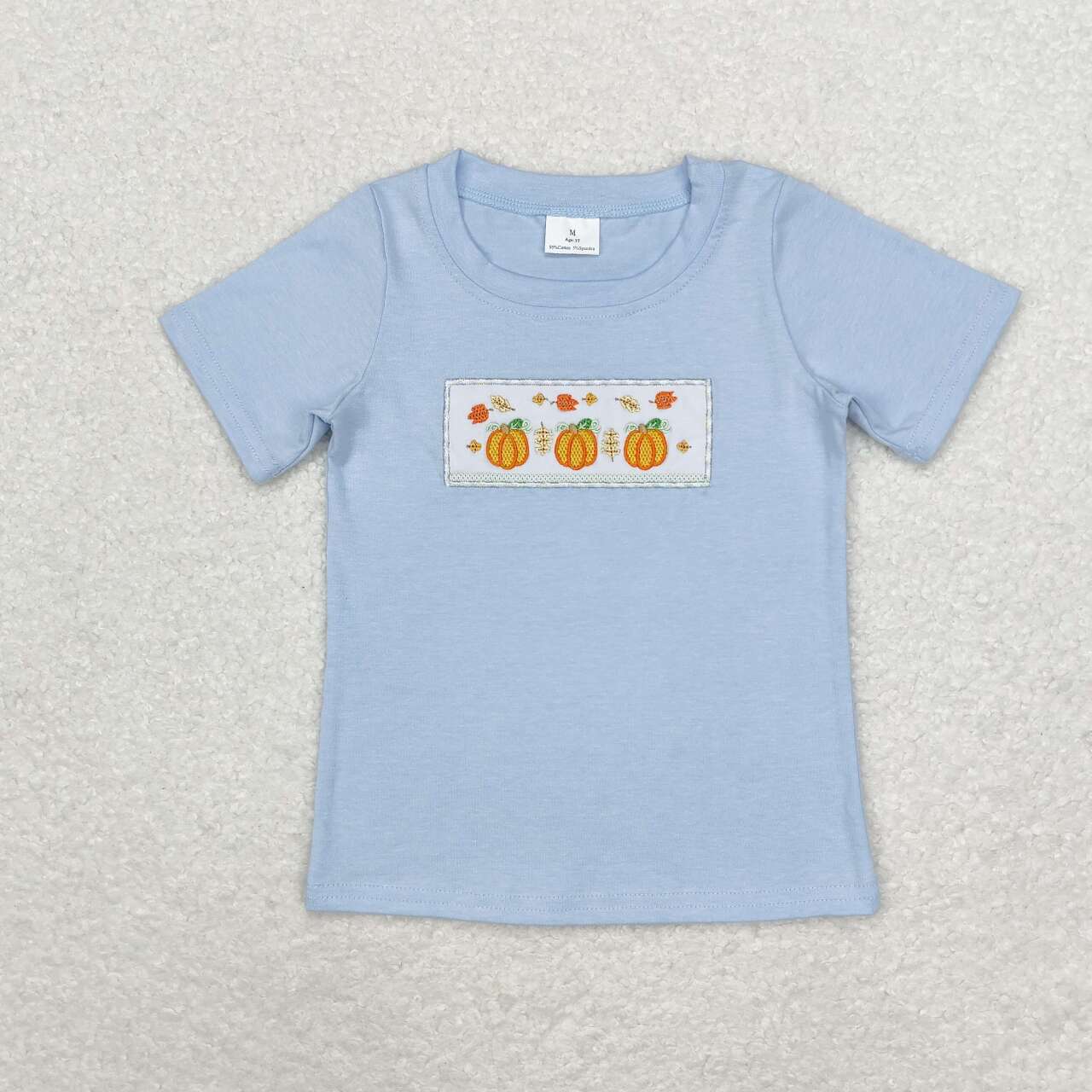 BT0833 Pumpkin Embroidery Blue Cotton Boys Fall Short Sleeve Tee Shirts Top