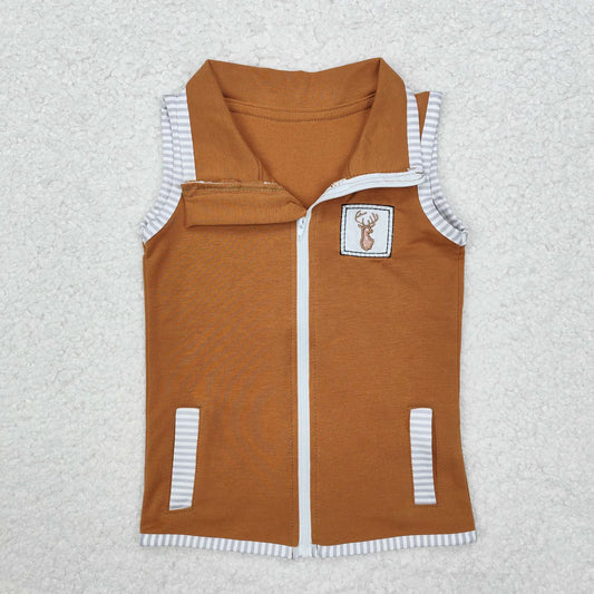 Sibling Baby Boys Sleeveless Embroidery Deer Dog Duck Pocket Zipper Jackets Top