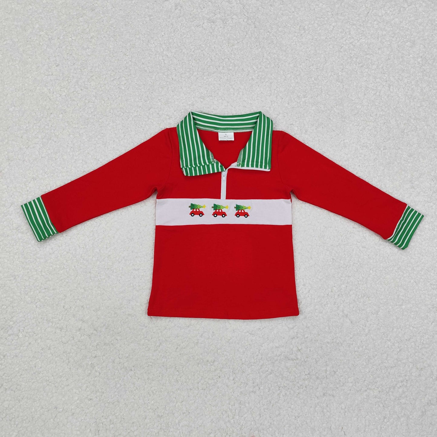 BT0930 Tree Car Embroidery Green Stripes Print Boys Christmas Zipper Pullovers Top