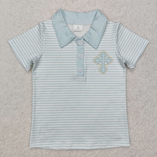 BT1045 Cross Stripes Print Boys Easter Button Polo Tee Shirts Top