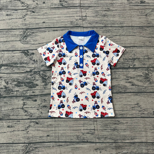 Toddler Boy 4th of July Construction Trucks Print Polo Shirt, Kids Patriotic Summer Top Preorder