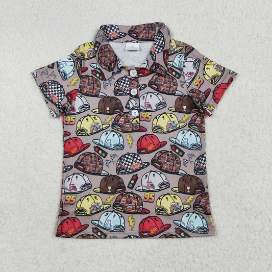 Toddler & Kid Boys Racing Hat Print Outfit Set - 2 Piece Polo Romper & Matching Hat for Brothers