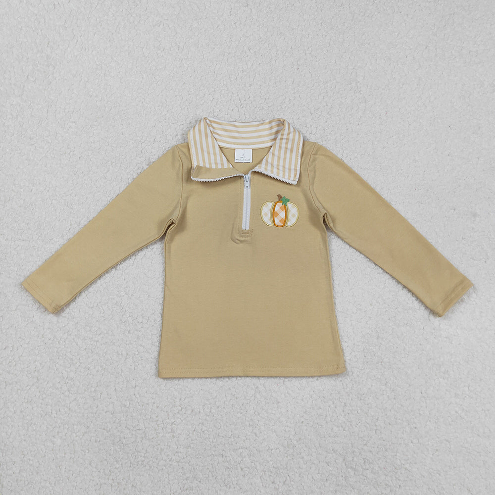 BT1293 Pumpkin Embroidery Khaki Cotton Boys Fall Zipper Pullover Top
