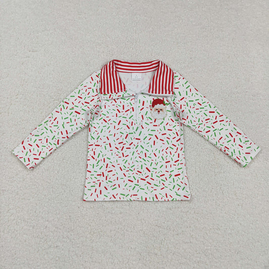 BT1294 Santa Embroidery Sprinkles Print Boys Christmas Zipper Pullover Top