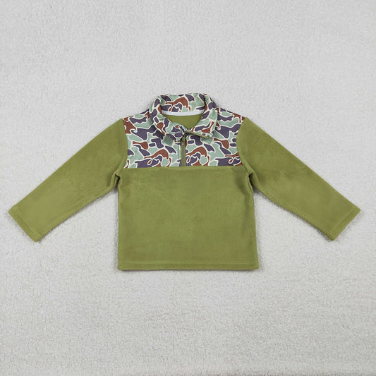 BT1308  Camo Green Print Kids Thick Sherpa Zipper Pullover Top