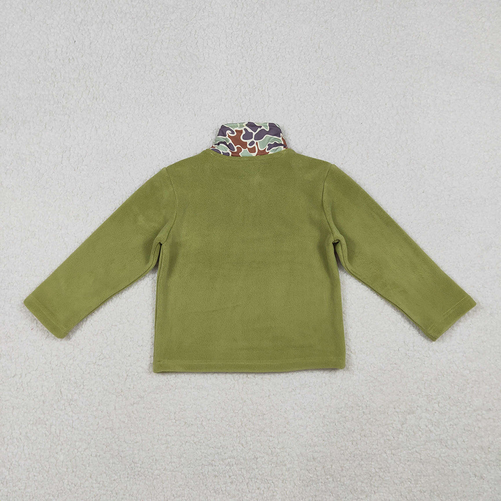 BT1308  Camo Green Print Kids Thick Sherpa Zipper Pullover Top