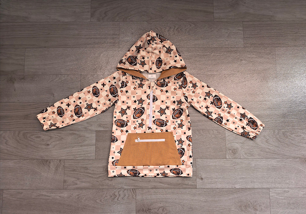 BT1318 Preorder Football Stars Checkered Print Boys Zipper Pocket Hoodie Top