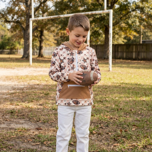 BT1318 Football Stars Checkered Print Boys Zipper Pocket Hoodie Top