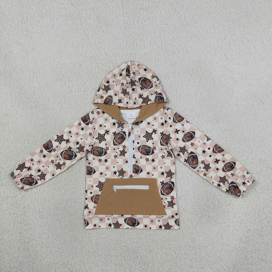 BT1318 Football Stars Checkered Print Boys Zipper Pocket Hoodie Top
