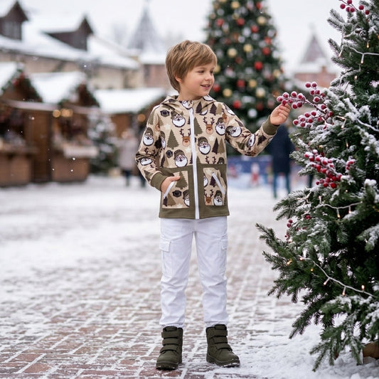 BT1328 Tree Santa Deer Print Boys Christmas Zipper Pockets Jackets Hoodie Top