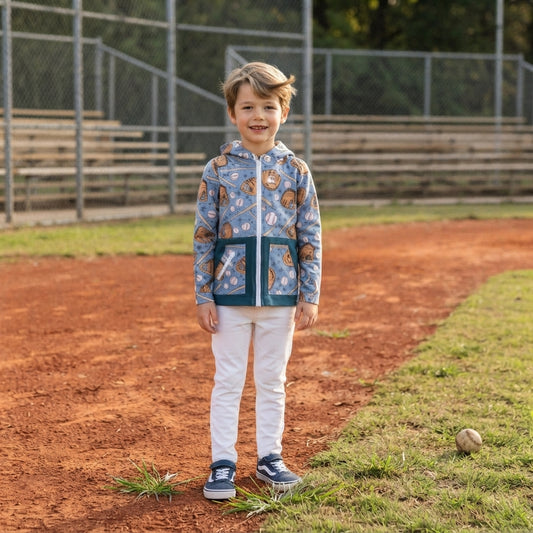 BT1342 Baseball Stars Print Boys Zipper Pocket Hoodie Jacket Top