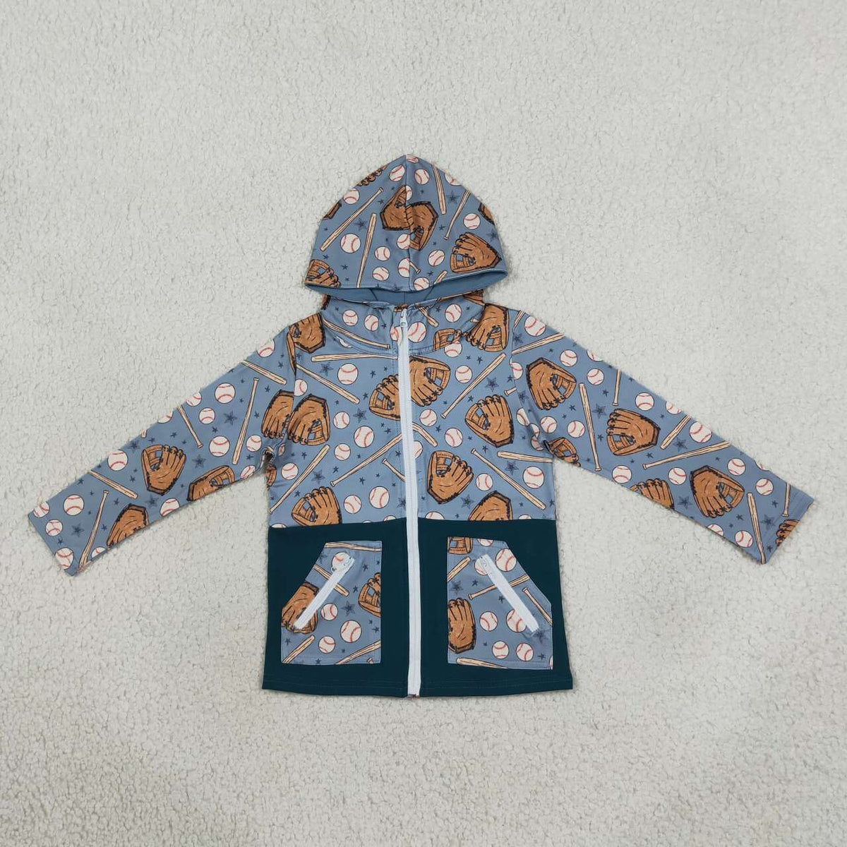 BT1342 Baseball Stars Print Boys Zipper Pocket Hoodie Jacket Top