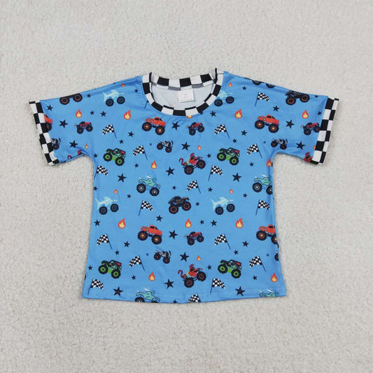 BT1496 Monster Truck Flags Blue Baby Boys Short Sleeve Tee Shirts Top