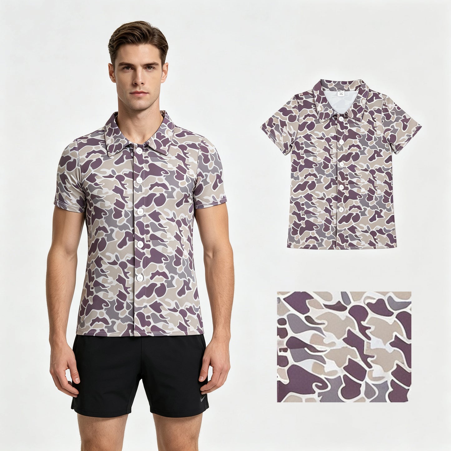 BT1607 Dark Brown Camo Print Man Short Sleeve Tee Shirts Top