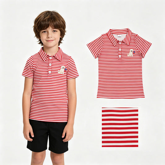 BT1619  Dog Flag Red Stripes Print Baby Boys 4th of July Short Sleeve Polo Top