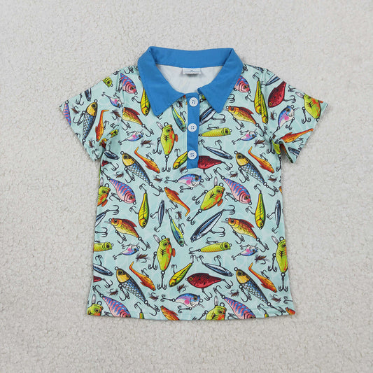 BT1661 Fishhook Print Boys Short Sleeve Polo Tee Shirts Top