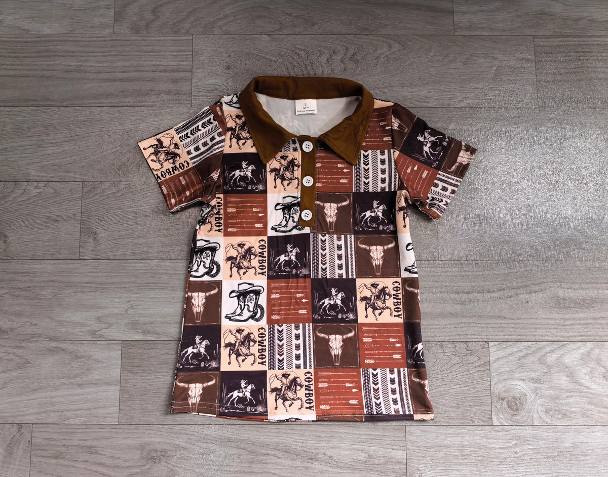 BT1670 Preorder Cowboy Skull Checkered Print Boys Short Sleeve Polo Top