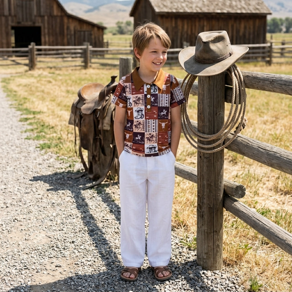 BT1670 Cowboy Skull Checkered Print Boys Short Sleeve Polo Top