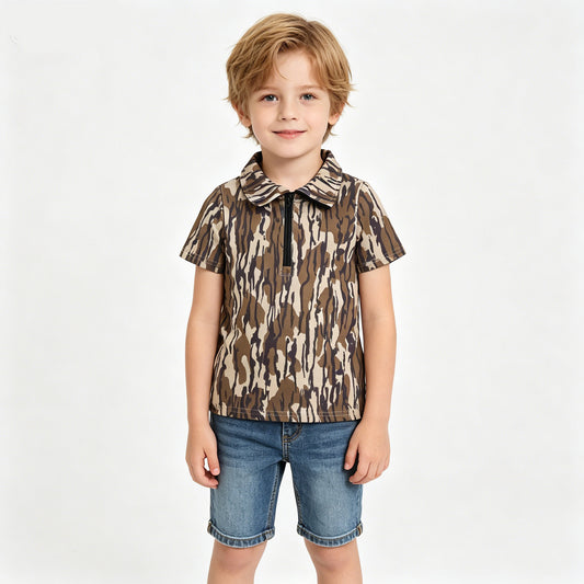 Camo Boys Zipper Short Sleeve Tee Shirts Top