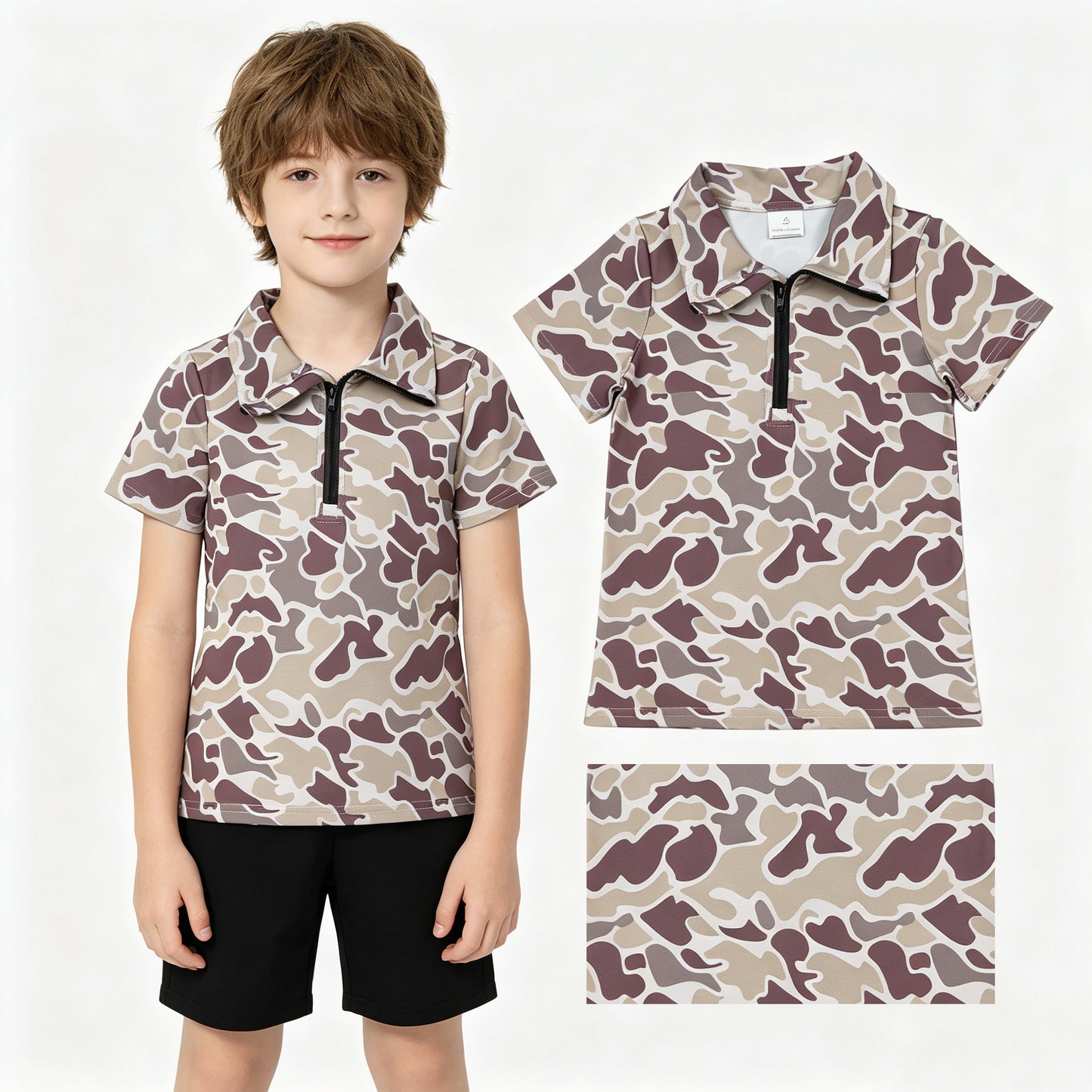 2 Colors Camo Boys Zipper Short Sleeve Tee Shirts Top Brothers Wear