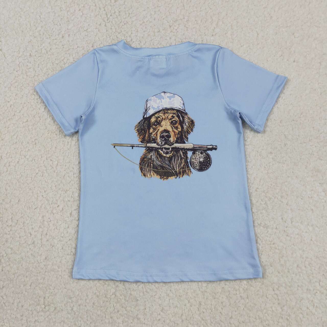 BT1765 Dog Fishing Blue Boys Summer Short Sleeve Tee Shirts Top
