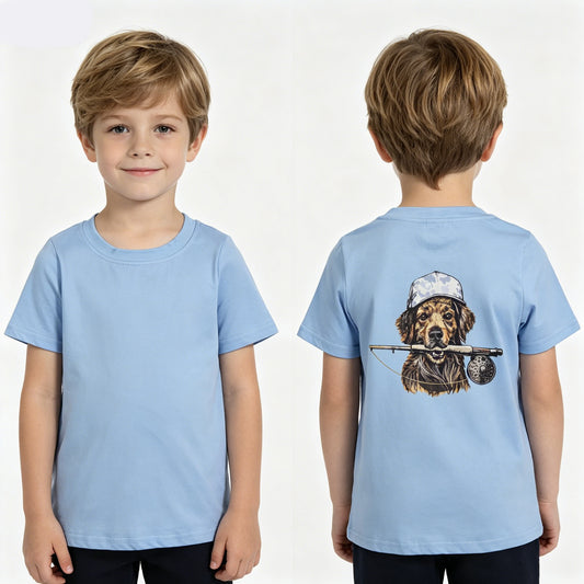 BT1765 Dog Fishing Blue Boys Summer Short Sleeve Tee Shirts Top