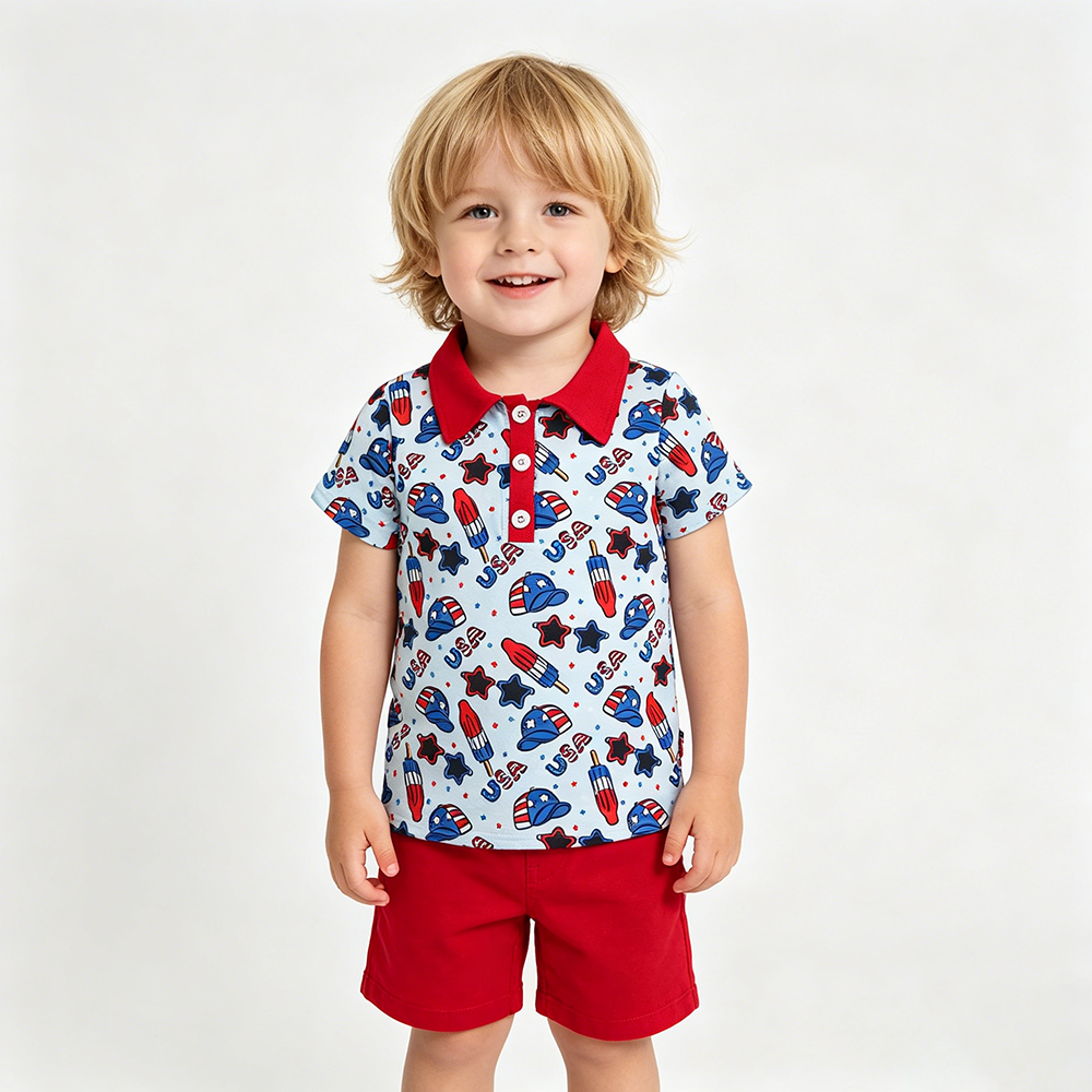BT1767 Popsicle USA Hat Stars Baby Boys 4th of July Patriotic Polo Tee Shirts Top