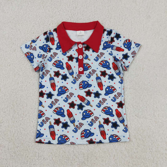 BT1767 Popsicle USA Hat Stars Baby Boys 4th of July Patriotic Polo Tee Shirts Top