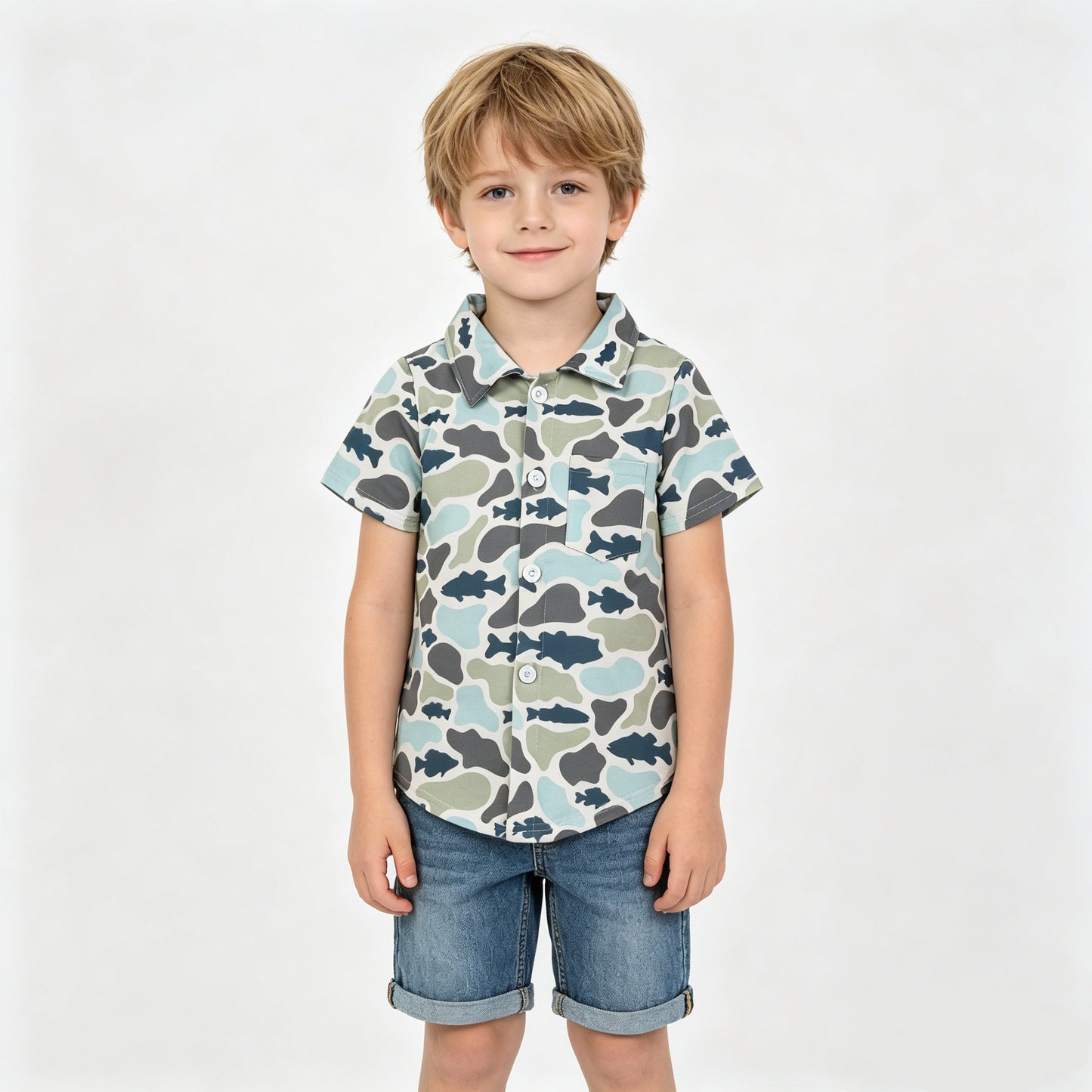 Fish Green Blue Camo Boys Pocket Button Tee Shirts Top