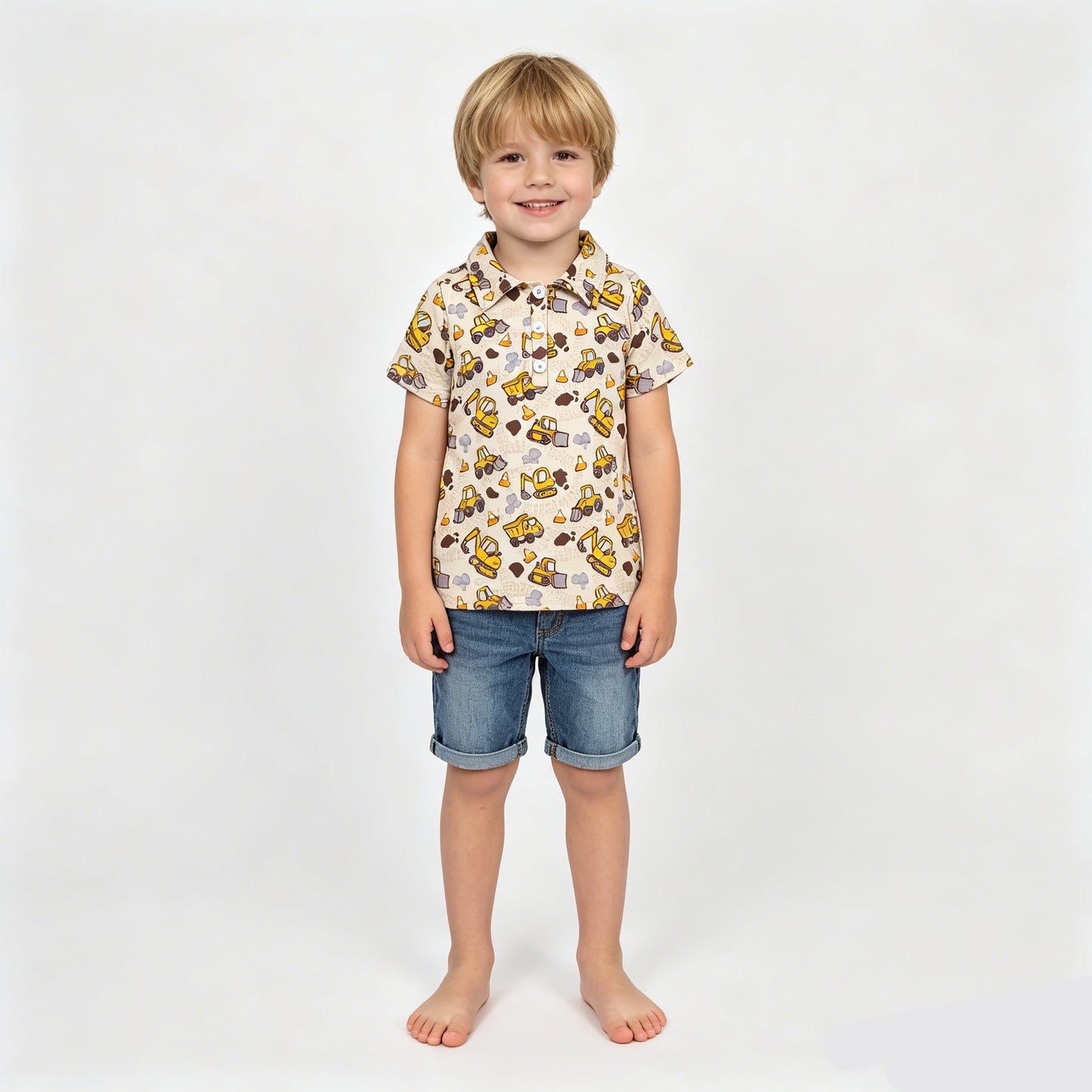 Construction Trucks Yellow Print Baby Boys Romper Polo Top Brothers Summer Wear