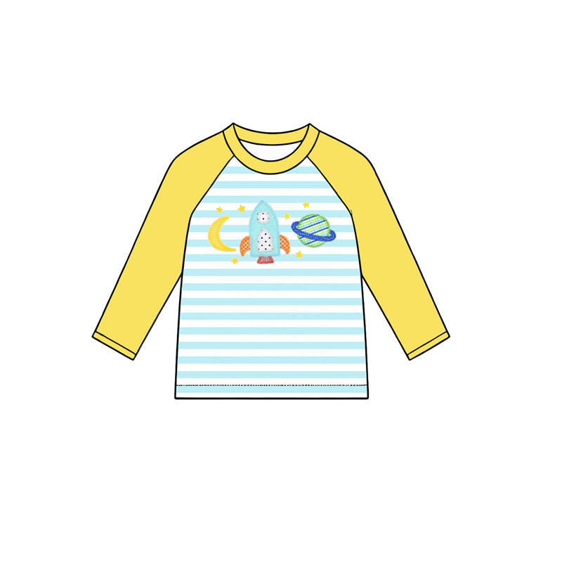 4.28 Boys Space Rocket Raglan T-Shirt - Blue Striped & Yellow Sleeve Top