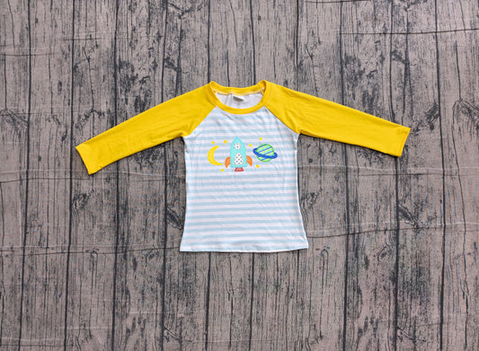 4.28 Boys Space Rocket Raglan T-Shirt - Blue Striped & Yellow Sleeve Top