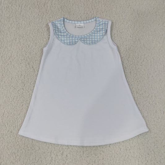 BT1847 Blue Gingham Doll Collar White Baby Girls Sleeveless Tee Shirts Top
