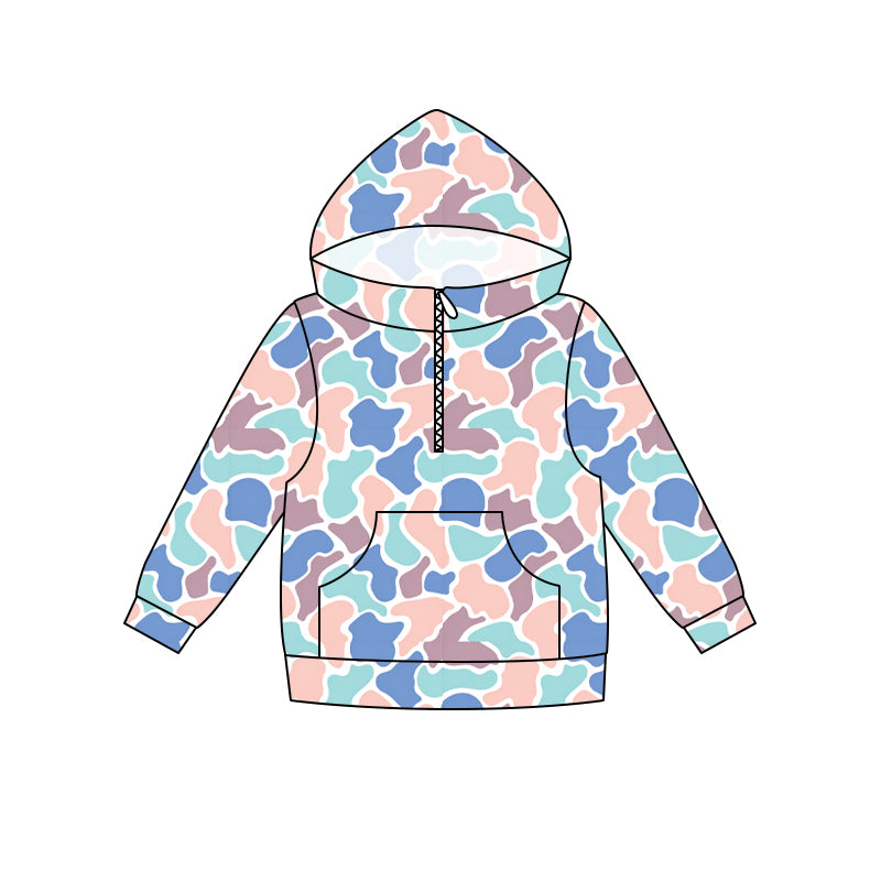 5.16 Preorder Kids Girls Blue Camo Long Sleeve Half Zipper Hoodie Top Preorder