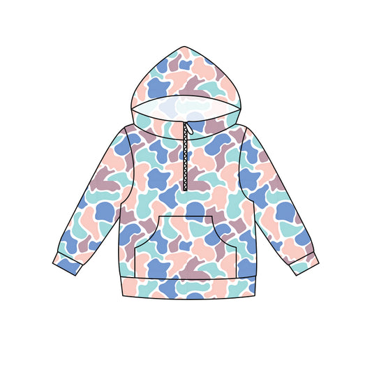 5.16 Preorder Kids Girls Blue Camo Long Sleeve Half Zipper Hoodie Top Preorder