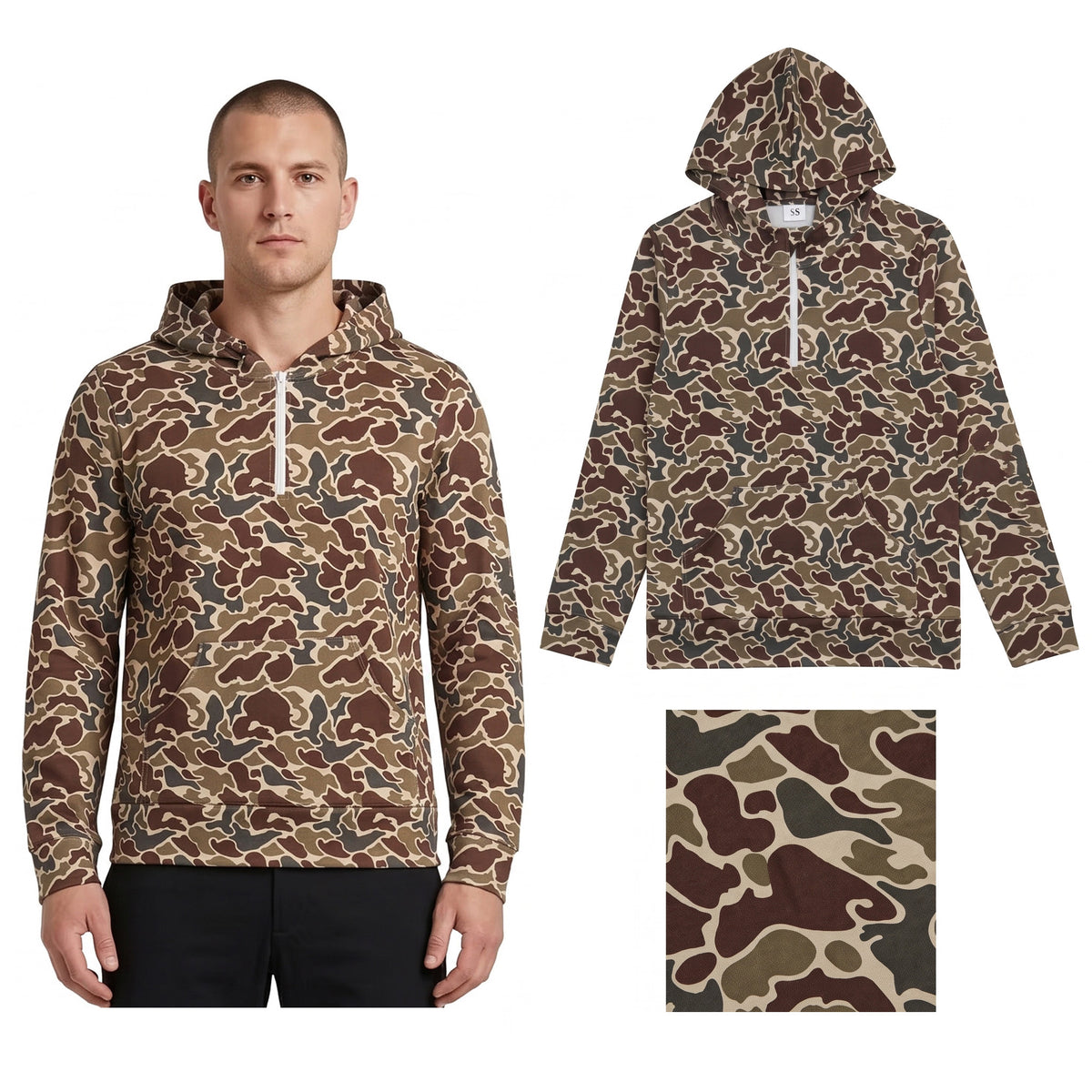 BT1872 Adult Dark Brown Camo Long Sleeve Pocket Half Zipper Hoodie Top