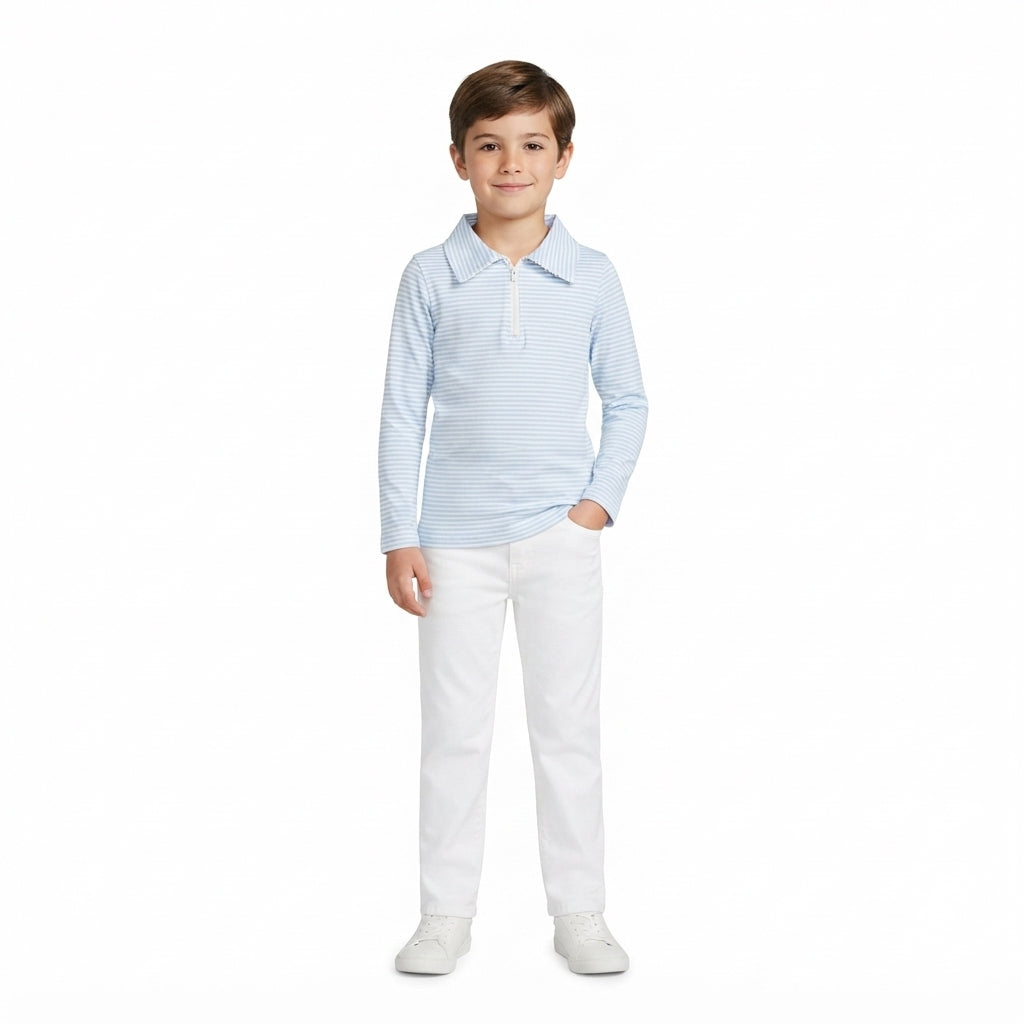 BT1878 Blue Stripes Kids Boys Long Sleeve Zipper Pullover Top