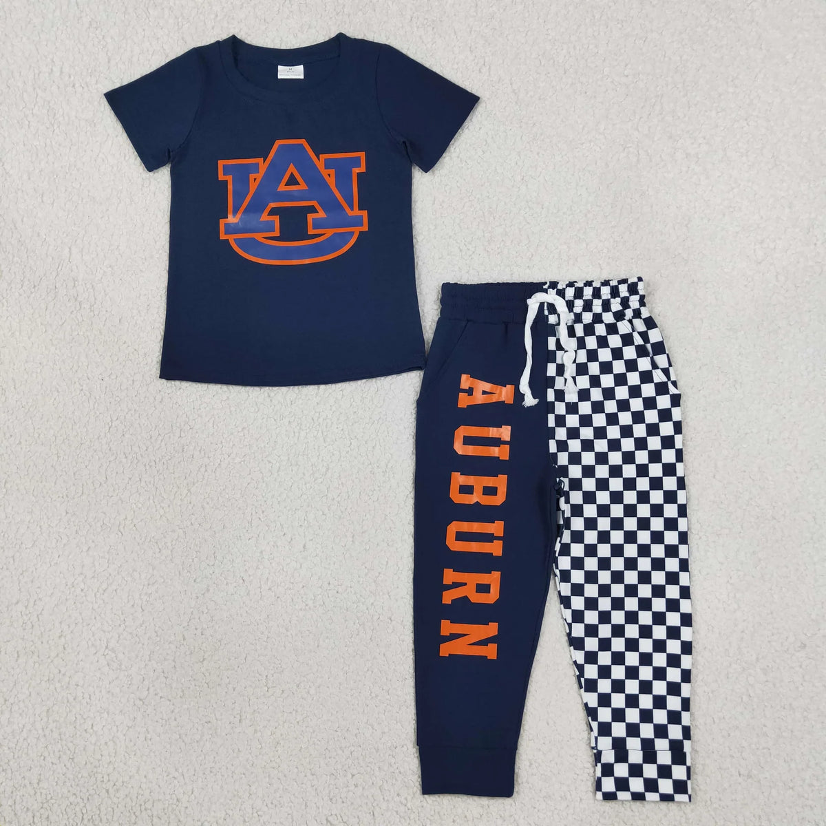 Sibling Kids Boys Cotton Short Sleeve  Checked Jogger Pants Vinyl Sport Team Outfit