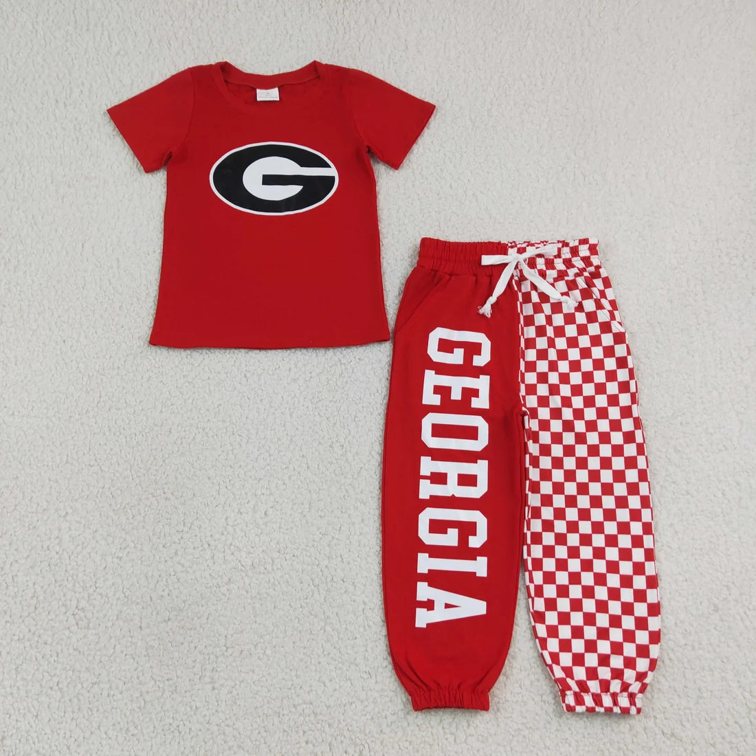 Sibling Kids Boys Cotton Short Sleeve  Checked Jogger Pants Vinyl Sport Team Outfit