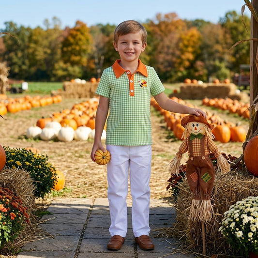 BT1889 Turkey Embroidery Green Gingham Baby Boys Thanksgiving Short Sleeve Polo Top