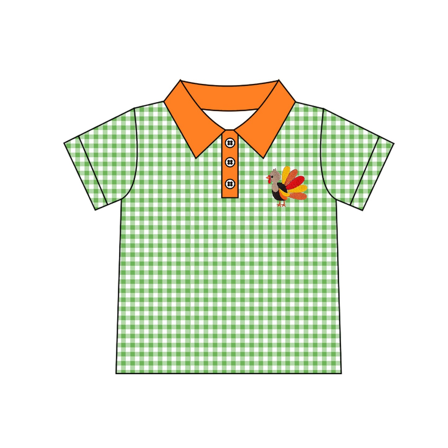 7.23 Preorder BLS0049 Baby Boys Thankgiving Turkey Green Gingham Short Sleeve Polo Top